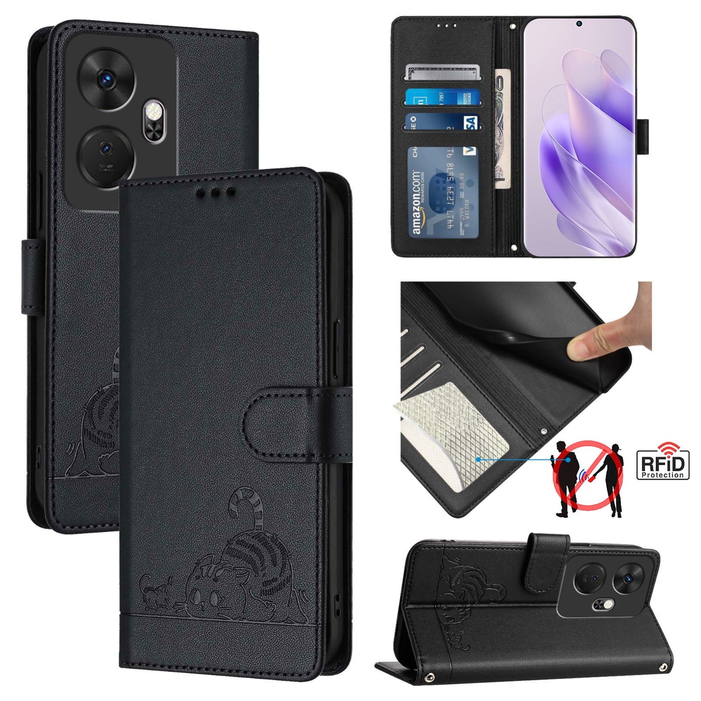 itel P55+ Leather Phone Case with Cat and Rat Embossed Pattern, RFID Protection, Card Holder Slots, Anti-fall Feature & Lanyard