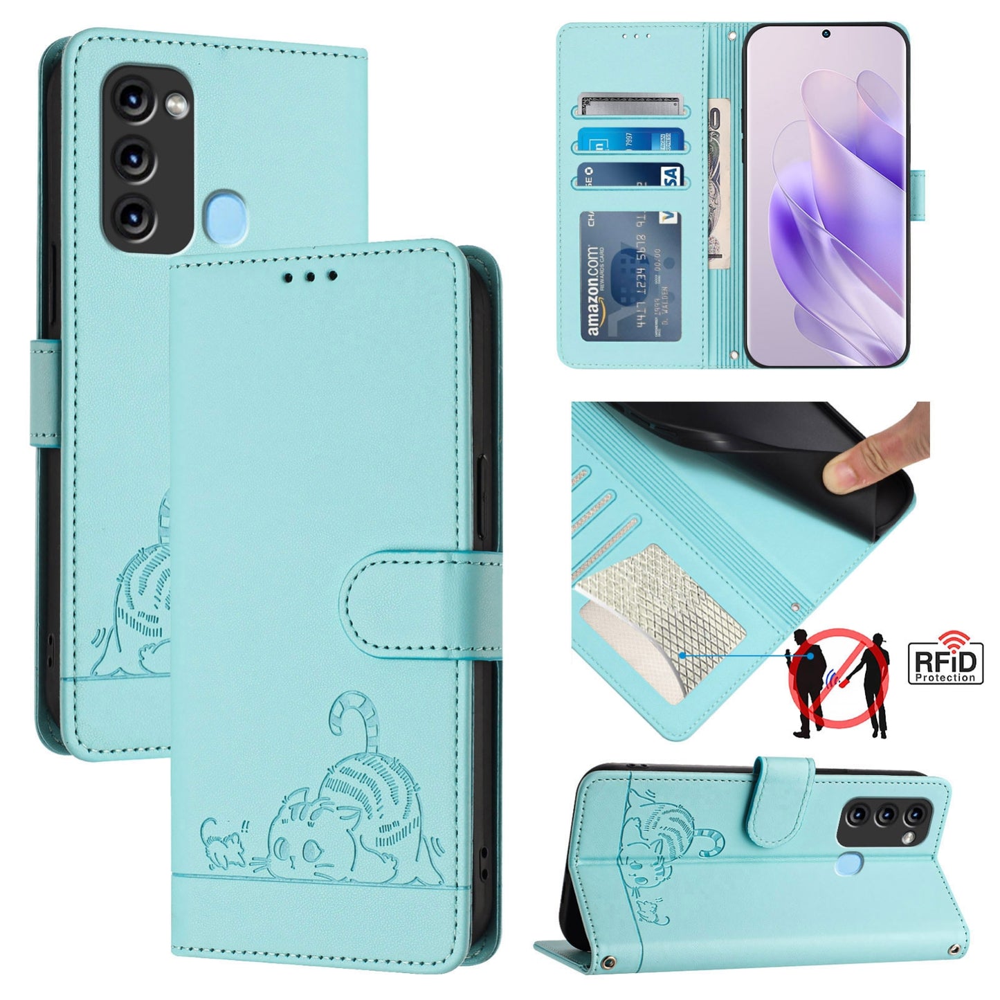 itel S17 S661W Leather Phone Case with Cat and Rat Embossed Pattern, RFID Protection, Card Holder Slots, Anti-fall Feature & Lanyard