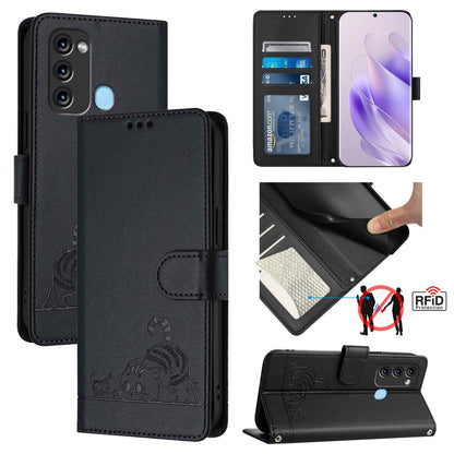 itel S17 S661W Leather Phone Case with Cat and Rat Embossed Pattern, RFID Protection, Card Holder Slots, Anti-fall Feature & Lanyard