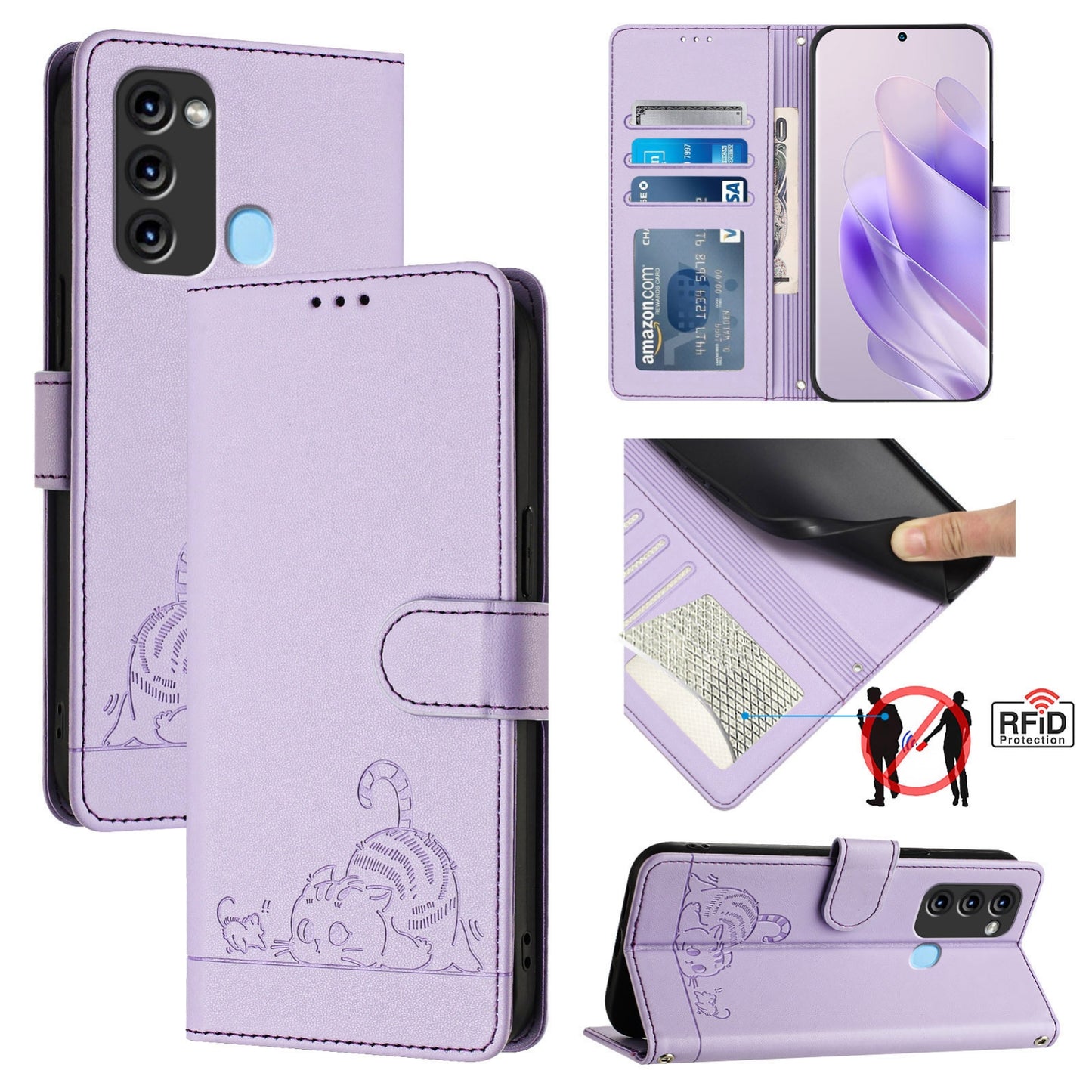itel Vision 3 Leather Phone Case with Cat and Rat Embossed Pattern, RFID Protection, Card Holder Slots, Anti-fall Feature & Lanyard