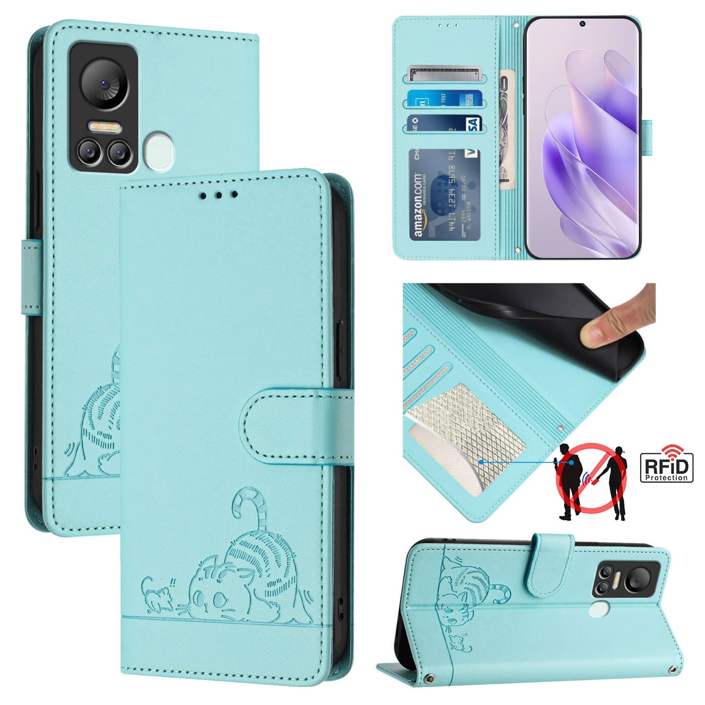 itel S18 Leather Phone Case with Cat and Rat Embossed Pattern, RFID Protection, Card Holder Slots, Anti-fall Feature & Lanyard