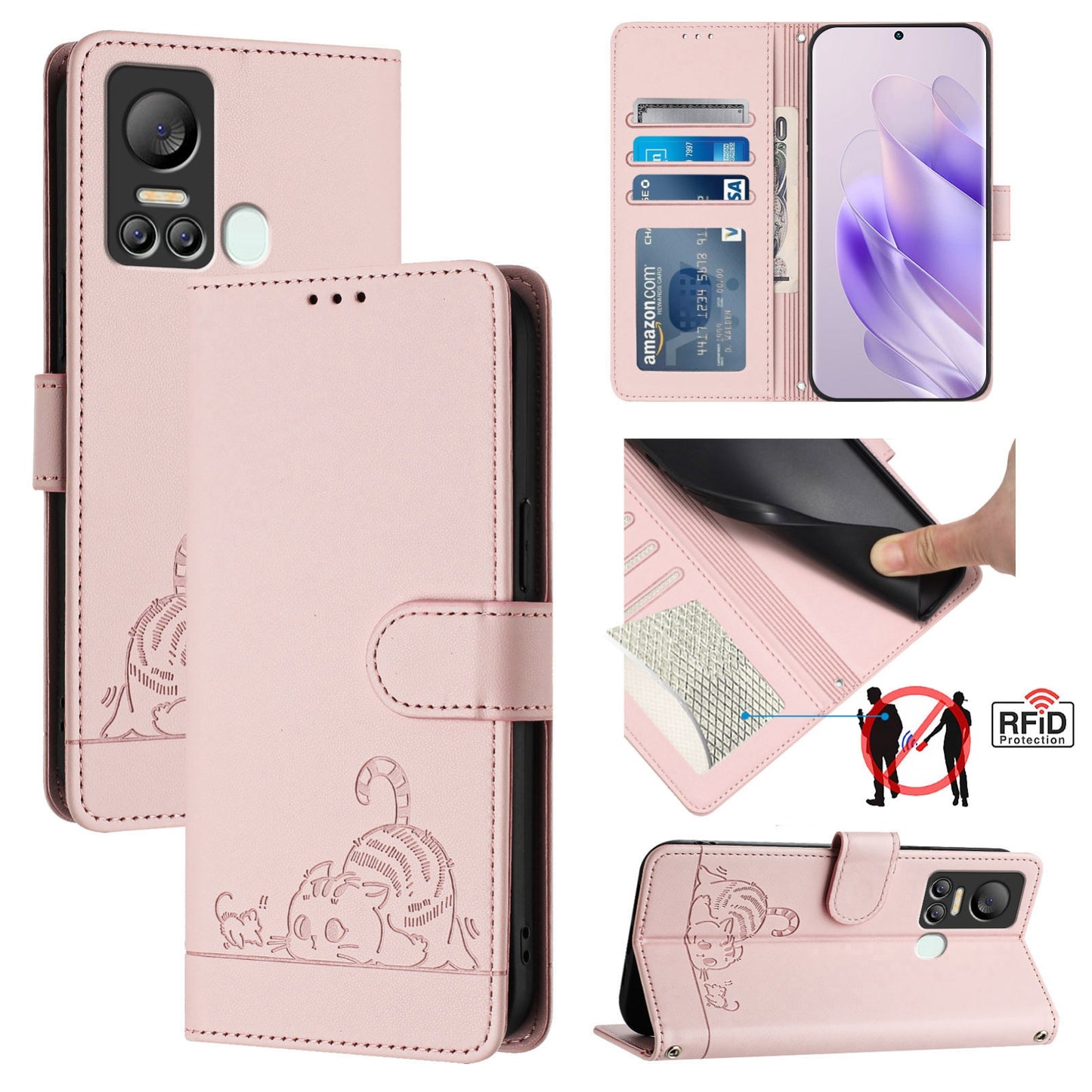 itel Vision 5 Leather Phone Case with Cat and Rat Embossed Pattern, RFID Protection, Card Holder Slots, Anti-fall Feature & Lanyard