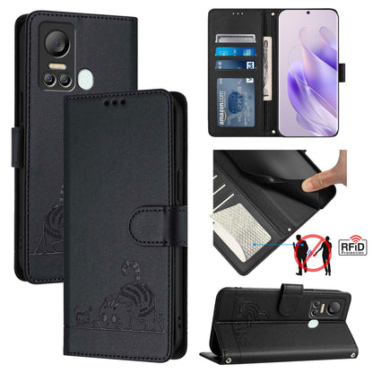 itel Vision 5 Leather Phone Case with Cat and Rat Embossed Pattern, RFID Protection, Card Holder Slots, Anti-fall Feature & Lanyard
