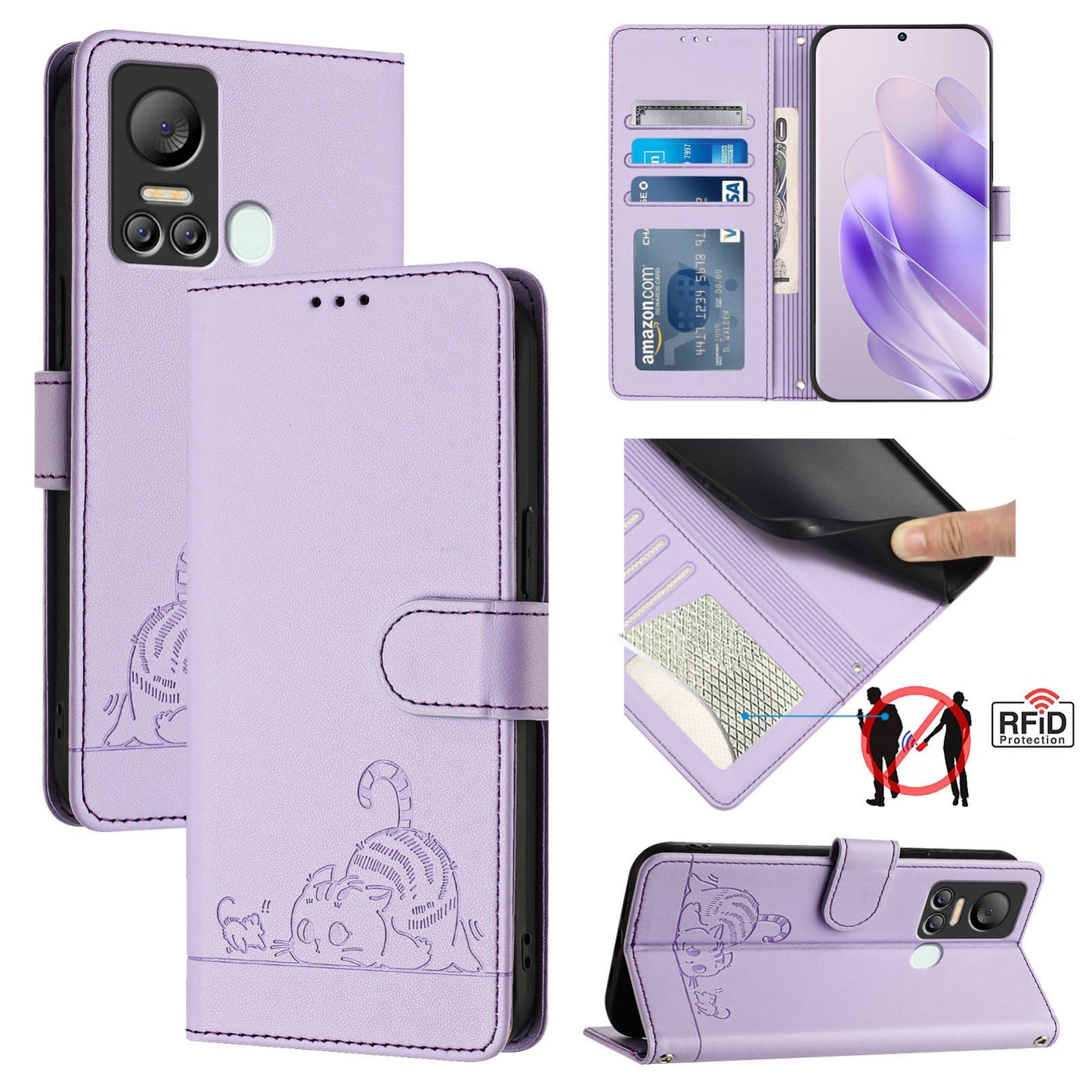 itel Vision 5 Leather Phone Case with Cat and Rat Embossed Pattern, RFID Protection, Card Holder Slots, Anti-fall Feature & Lanyard