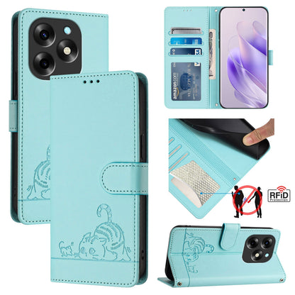 itel S23+ Leather Phone Case with Cat and Rat Embossed Pattern, RFID Protection, Card Holder Slots, Anti-fall Feature & Lanyard