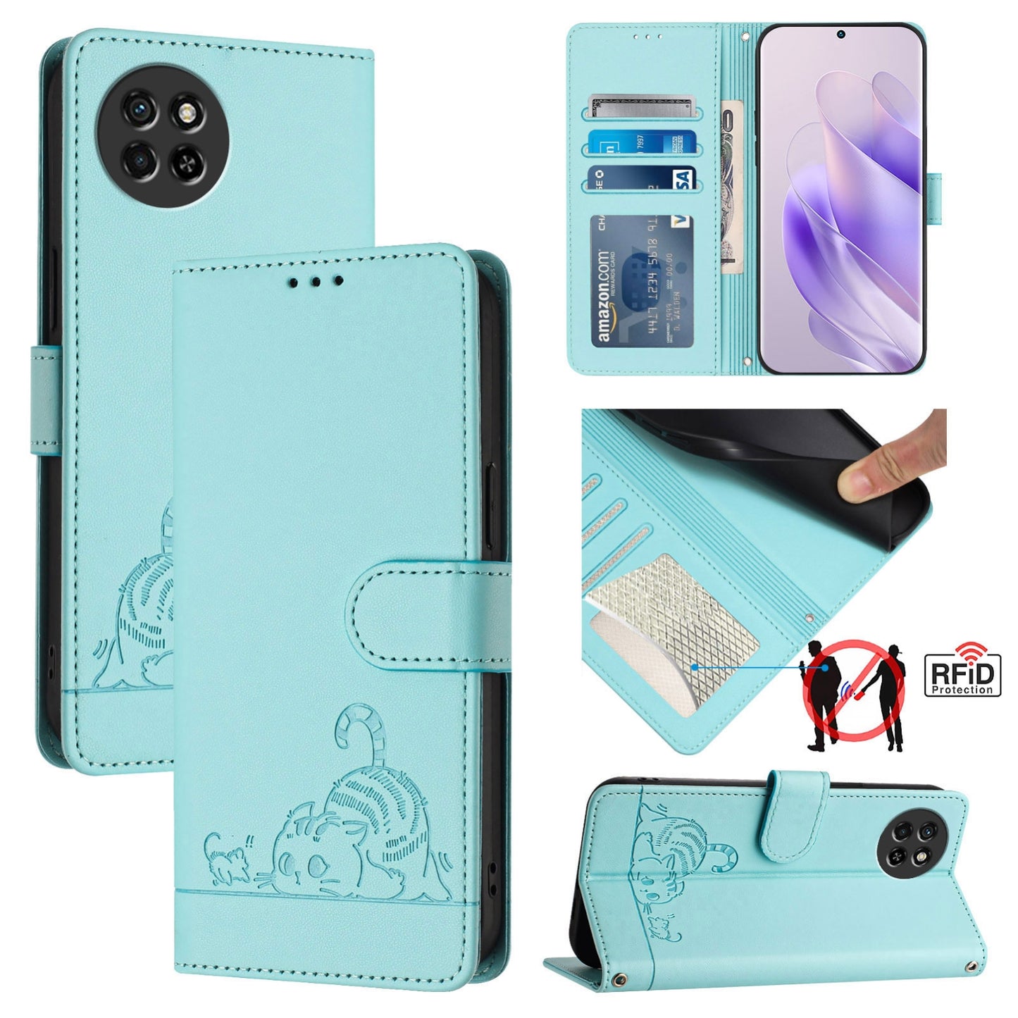 itel S23 S665L Leather Phone Case with Cat and Rat Embossed Pattern, RFID Protection, Card Holder Slots, Anti-fall Feature & Lanyard