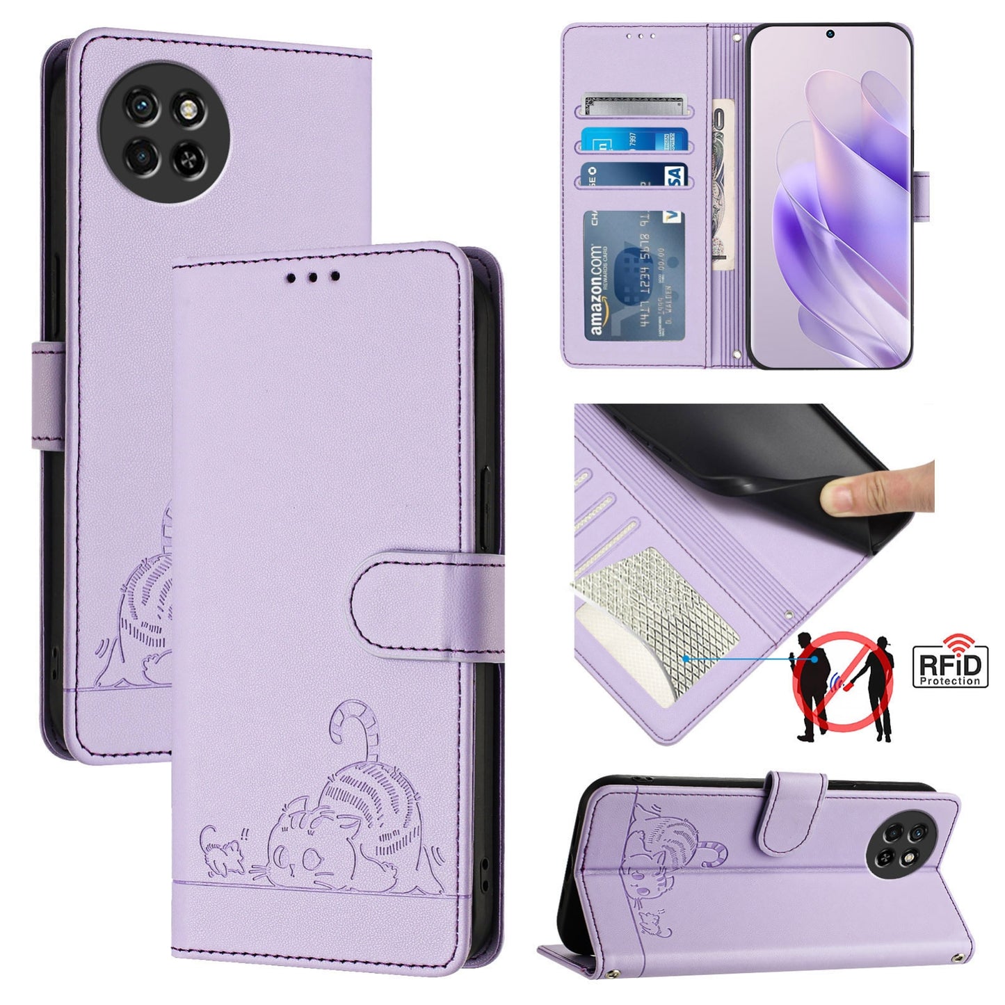 itel S23 S665L Leather Phone Case with Cat and Rat Embossed Pattern, RFID Protection, Card Holder Slots, Anti-fall Feature & Lanyard