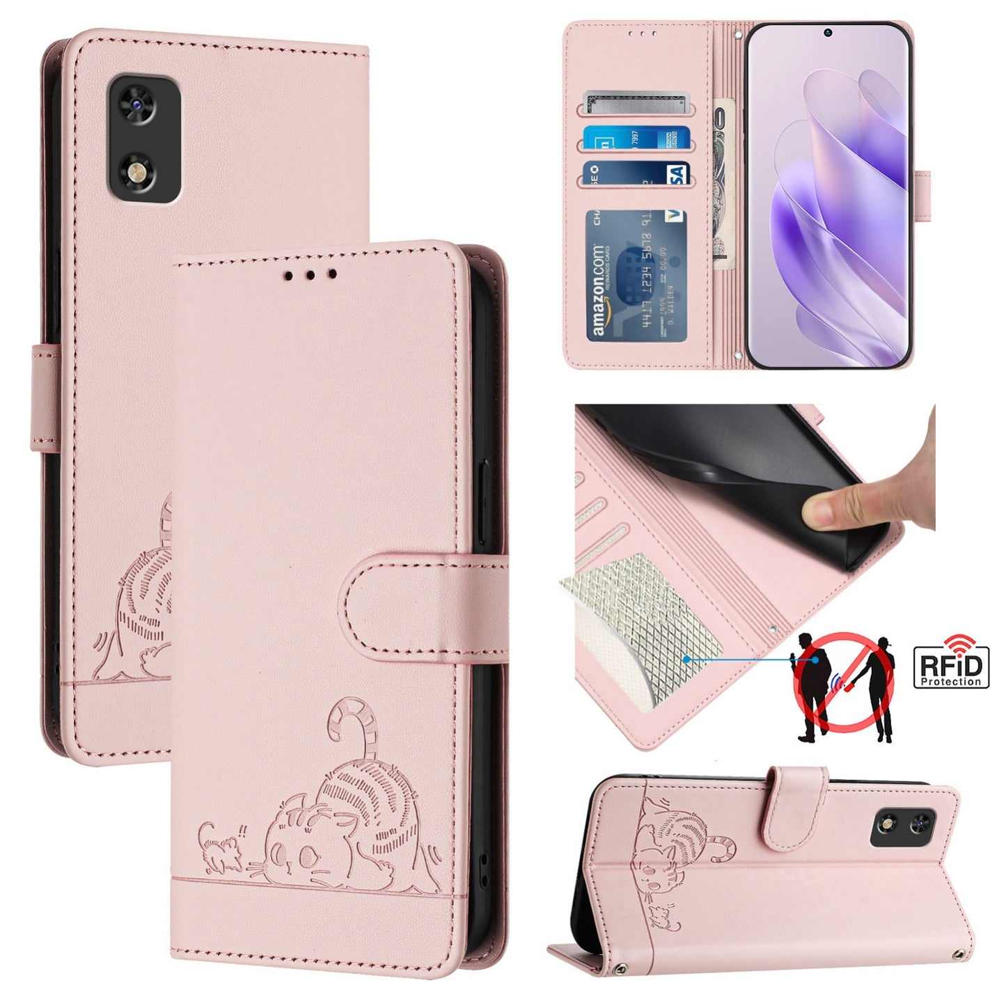 itel A23 Pro Leather Phone Case with Cat and Rat Embossed Pattern, RFID Protection, Card Holder Slots, Anti-fall Feature & Lanyard