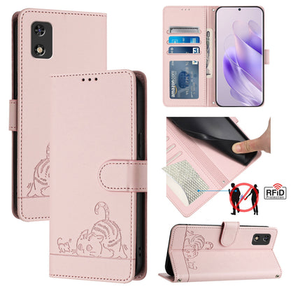 itel A17 Leather Phone Case with Cat and Rat Embossed Pattern, RFID Protection, Card Holder Slots, Anti-fall Feature & Lanyard