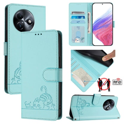 itel S24 Leather Phone Case with Cat and Rat Embossed Pattern, RFID Protection, Card Holder Slots, Anti-fall Feature & Lanyard
