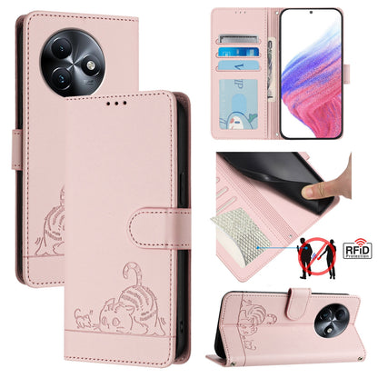 itel S24 Leather Phone Case with Cat and Rat Embossed Pattern, RFID Protection, Card Holder Slots, Anti-fall Feature & Lanyard