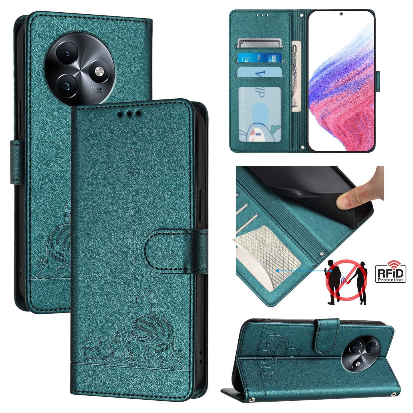 itel S24 Leather Phone Case with Cat and Rat Embossed Pattern, RFID Protection, Card Holder Slots, Anti-fall Feature & Lanyard