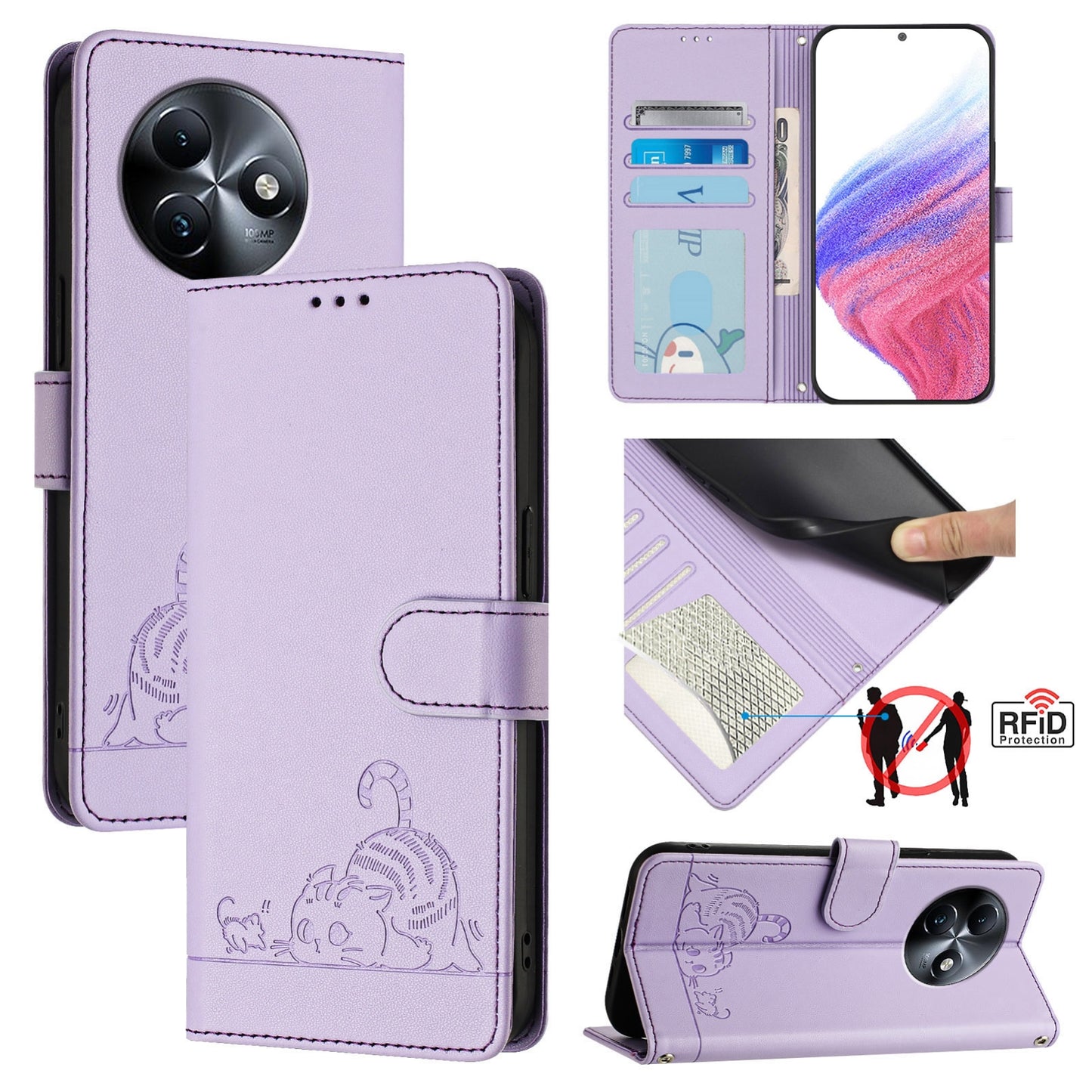 itel S24 Leather Phone Case with Cat and Rat Embossed Pattern, RFID Protection, Card Holder Slots, Anti-fall Feature & Lanyard