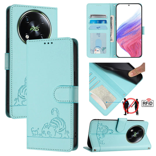 itel RS4 Leather Phone Case with Cat and Rat Embossed Pattern, RFID Protection, Card Holder Slots, Anti-fall Feature & Lanyard