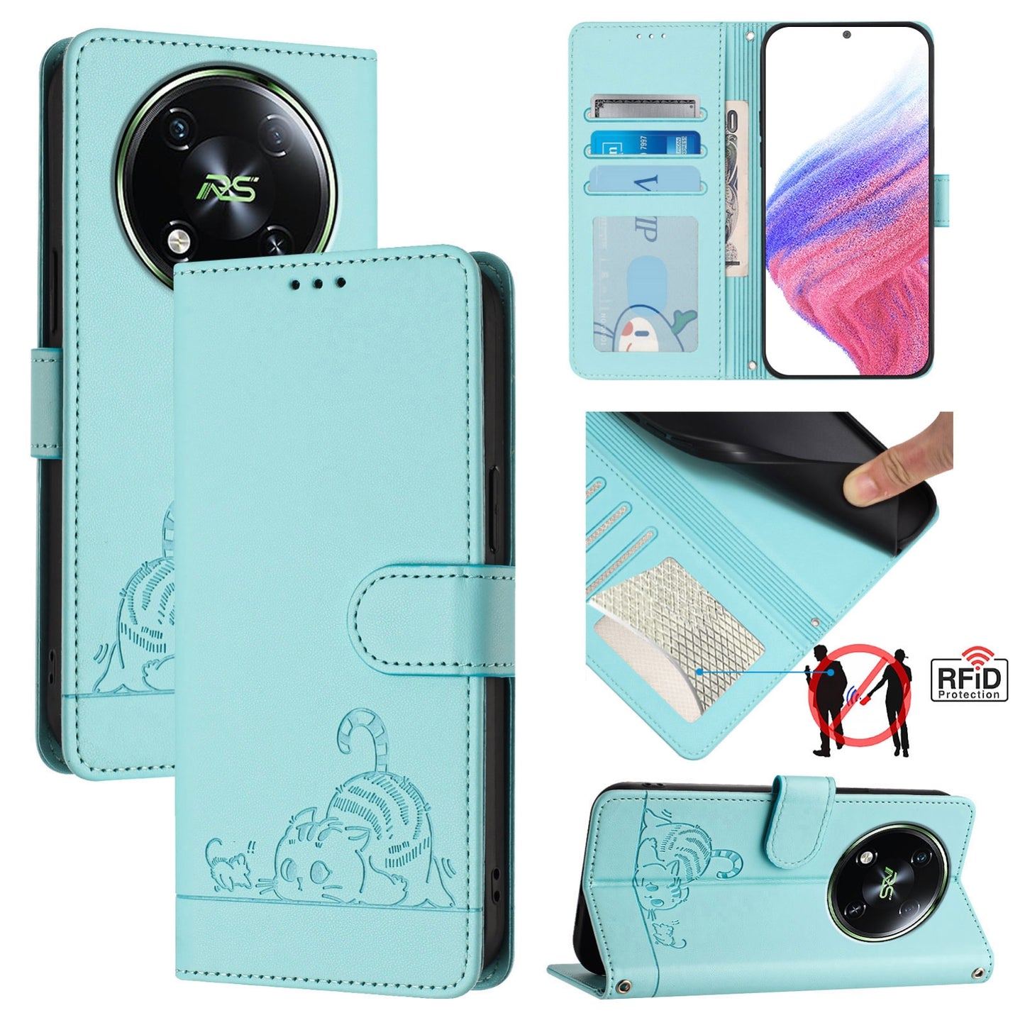 itel S666LN Leather Phone Case with Cat and Rat Embossed Pattern, RFID Protection, Card Holder Slots, Anti-fall Feature & Lanyard