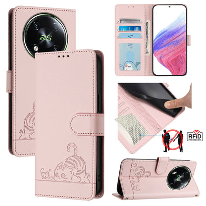 itel S666LN Leather Phone Case with Cat and Rat Embossed Pattern, RFID Protection, Card Holder Slots, Anti-fall Feature & Lanyard