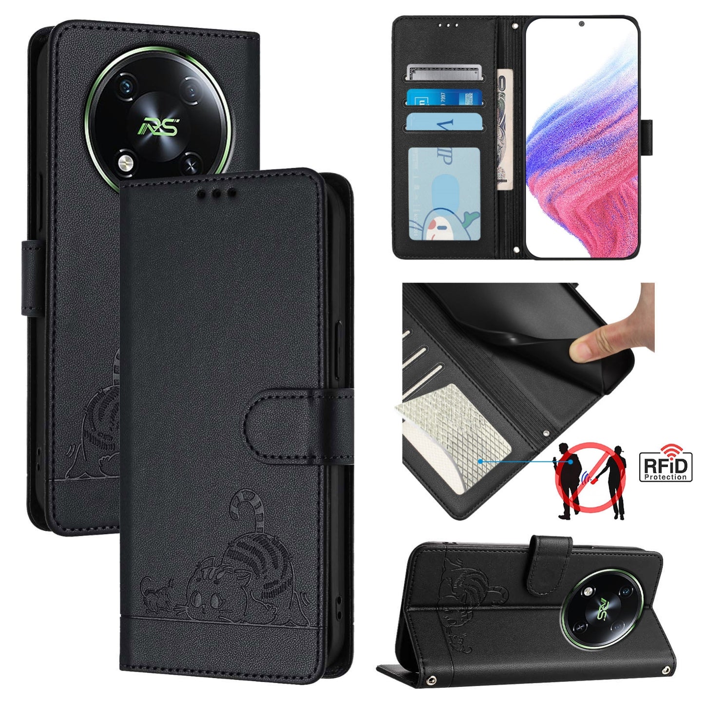 itel S666LN Leather Phone Case with Cat and Rat Embossed Pattern, RFID Protection, Card Holder Slots, Anti-fall Feature & Lanyard