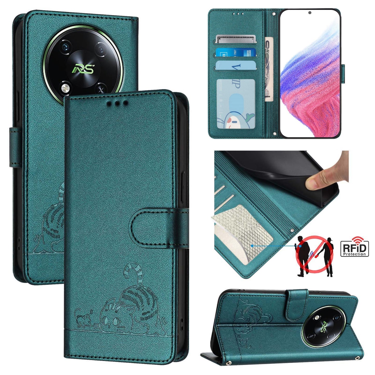 itel S666LN Leather Phone Case with Cat and Rat Embossed Pattern, RFID Protection, Card Holder Slots, Anti-fall Feature & Lanyard