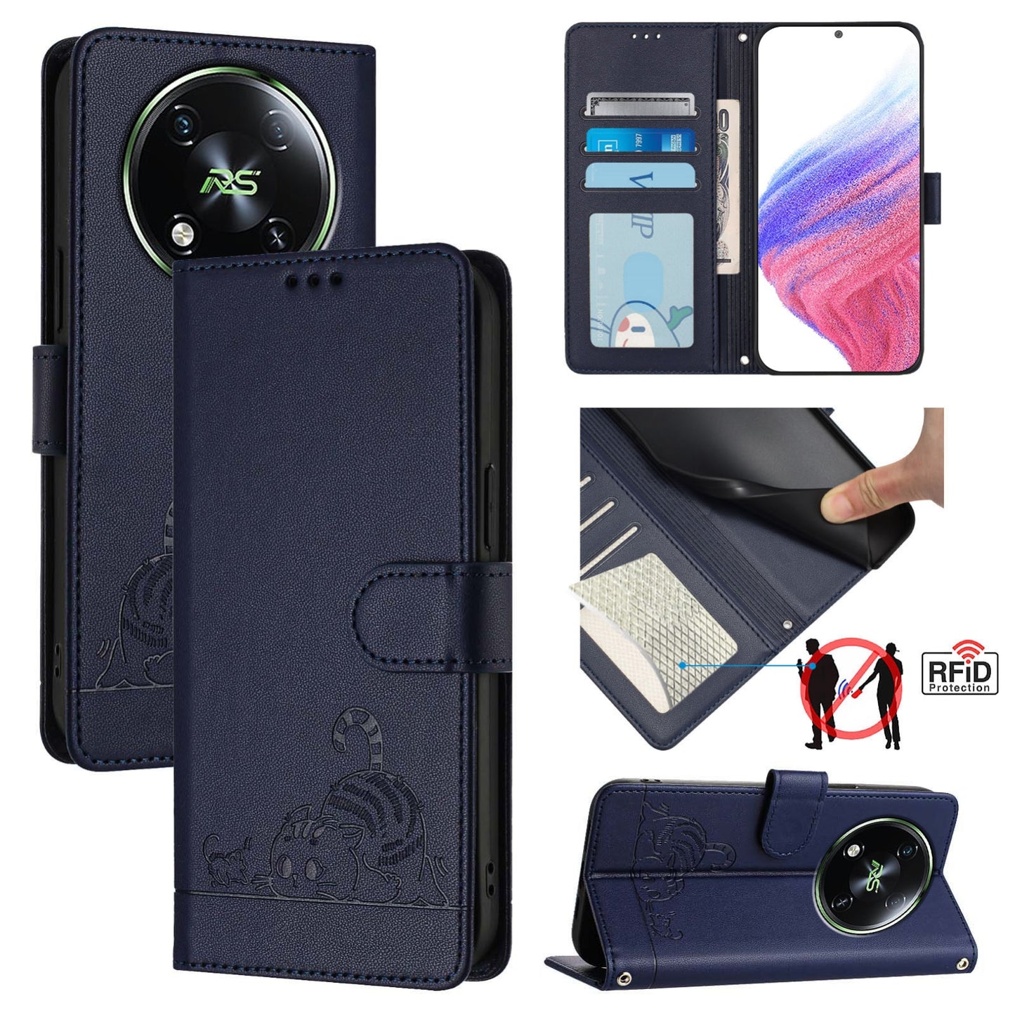 itel RS4 Leather Phone Case with Cat and Rat Embossed Pattern, RFID Protection, Card Holder Slots, Anti-fall Feature & Lanyard
