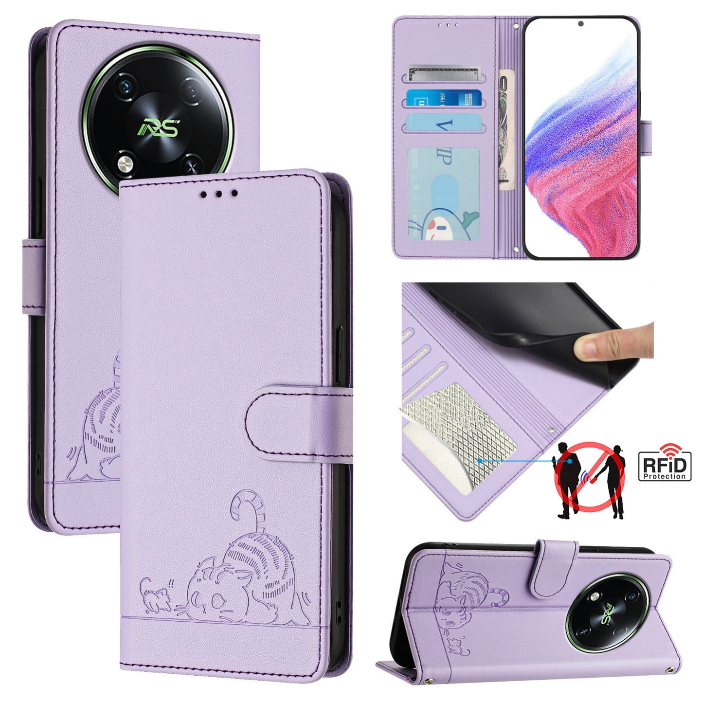 itel RS4 Leather Phone Case with Cat and Rat Embossed Pattern, RFID Protection, Card Holder Slots, Anti-fall Feature & Lanyard
