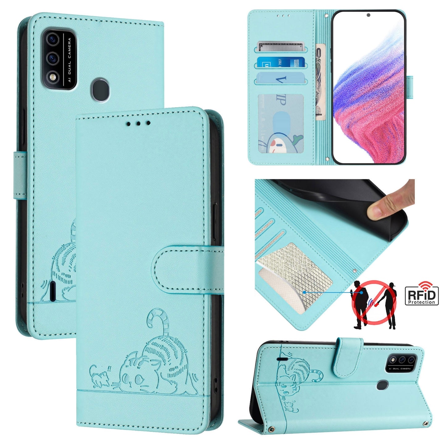 itel A48 Leather Phone Case with Cat and Rat Embossed Pattern, RFID Protection, Card Holder Slots, Anti-fall Feature & Lanyard