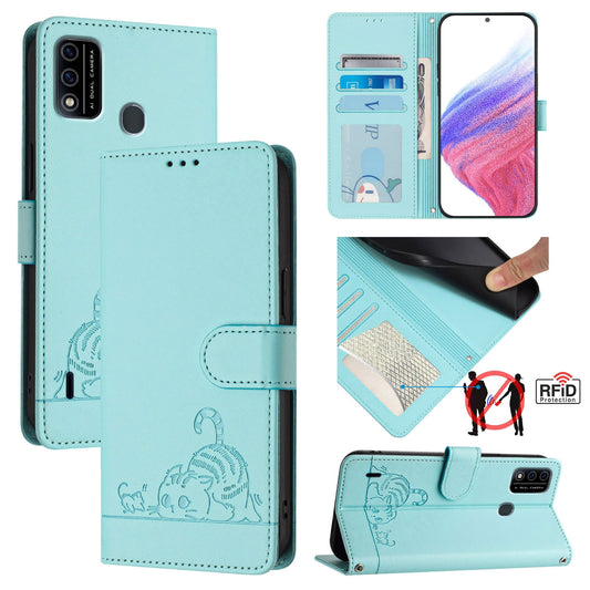 itel A48 Leather Phone Case with Cat and Rat Embossed Pattern, RFID Protection, Card Holder Slots, Anti-fall Feature & Lanyard