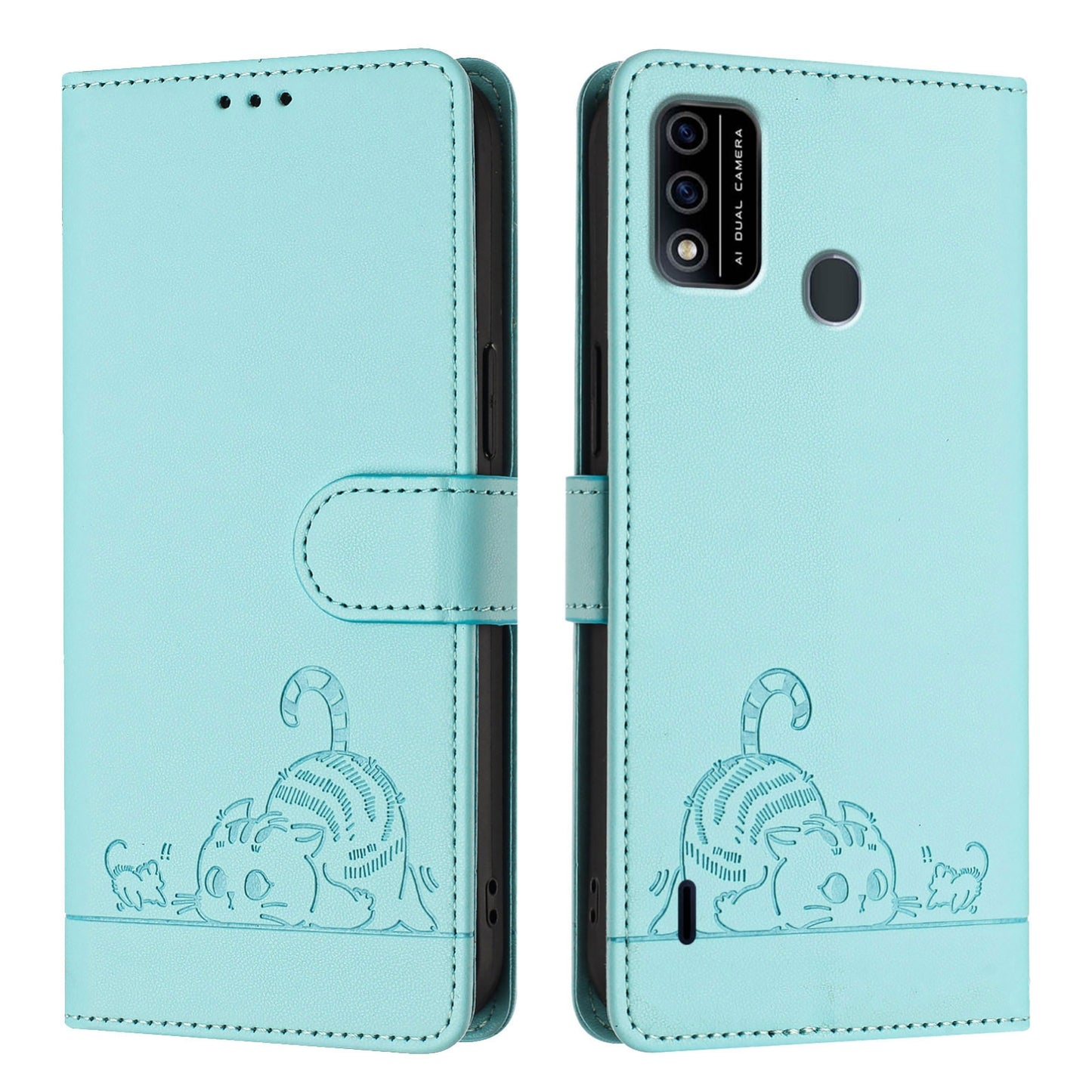 itel A48 Leather Phone Case with Cat and Rat Embossed Pattern, RFID Protection, Card Holder Slots, Anti-fall Feature & Lanyard