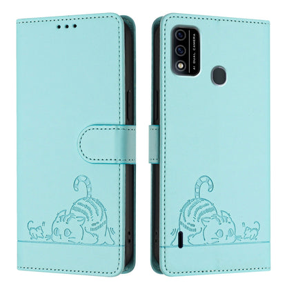 itel A48 Leather Phone Case with Cat and Rat Embossed Pattern, RFID Protection, Card Holder Slots, Anti-fall Feature & Lanyard