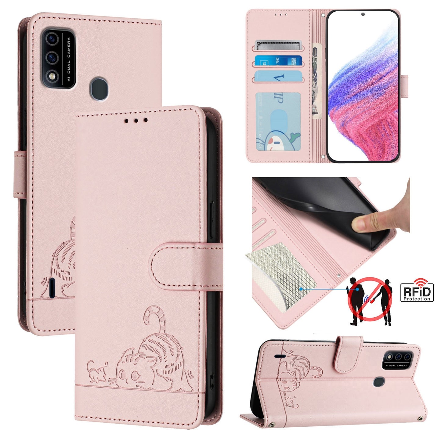 itel A48 Leather Phone Case with Cat and Rat Embossed Pattern, RFID Protection, Card Holder Slots, Anti-fall Feature & Lanyard