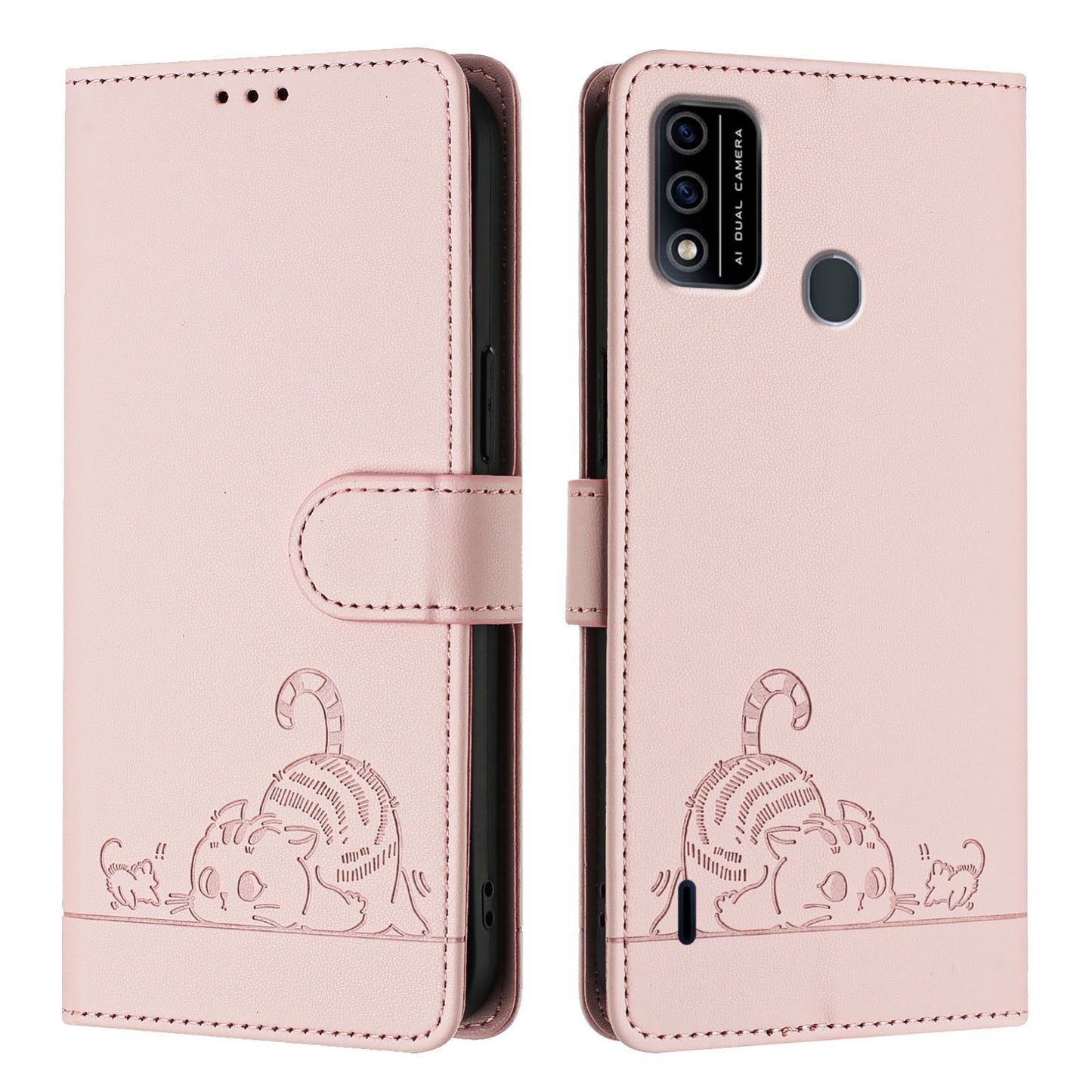 itel A48 Leather Phone Case with Cat and Rat Embossed Pattern, RFID Protection, Card Holder Slots, Anti-fall Feature & Lanyard