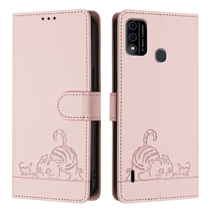 itel A48 Leather Phone Case with Cat and Rat Embossed Pattern, RFID Protection, Card Holder Slots, Anti-fall Feature & Lanyard