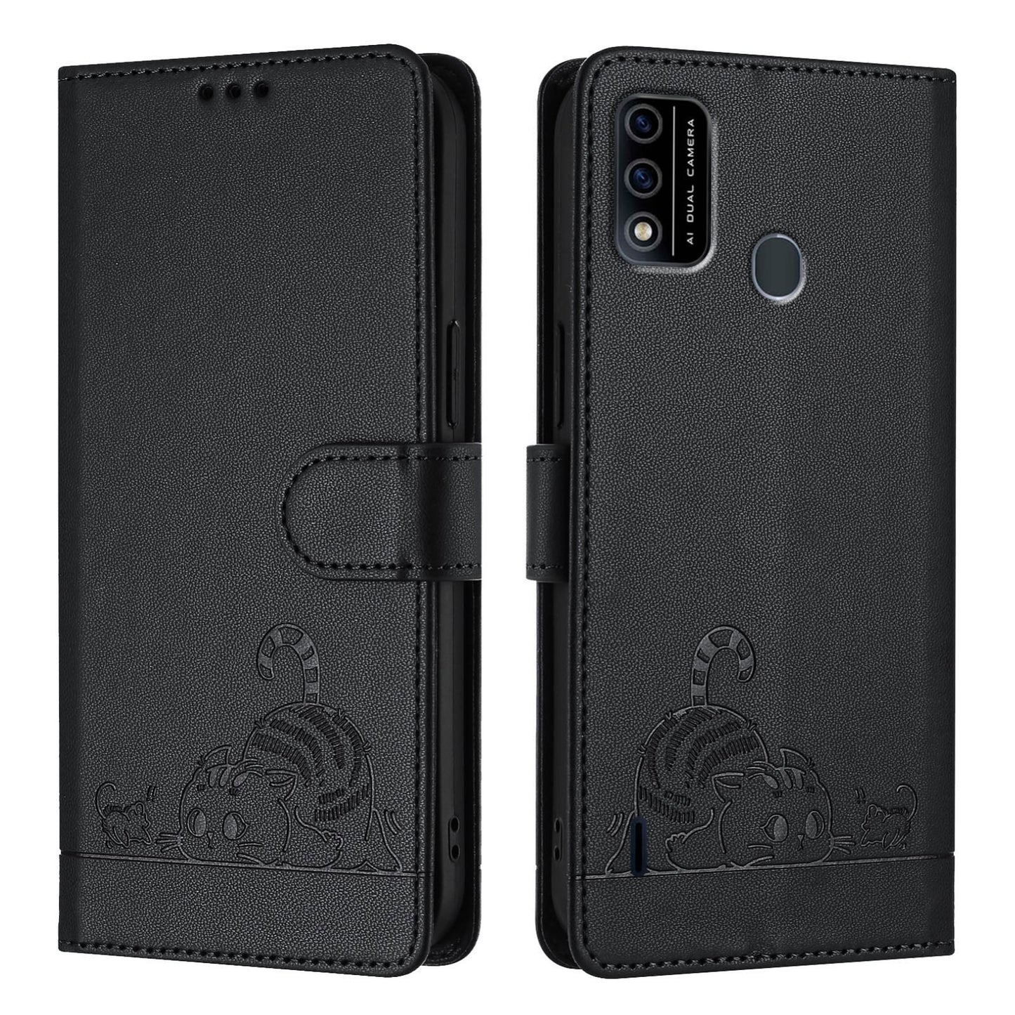 itel A48 Leather Phone Case with Cat and Rat Embossed Pattern, RFID Protection, Card Holder Slots, Anti-fall Feature & Lanyard