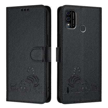 itel A48 Leather Phone Case with Cat and Rat Embossed Pattern, RFID Protection, Card Holder Slots, Anti-fall Feature & Lanyard