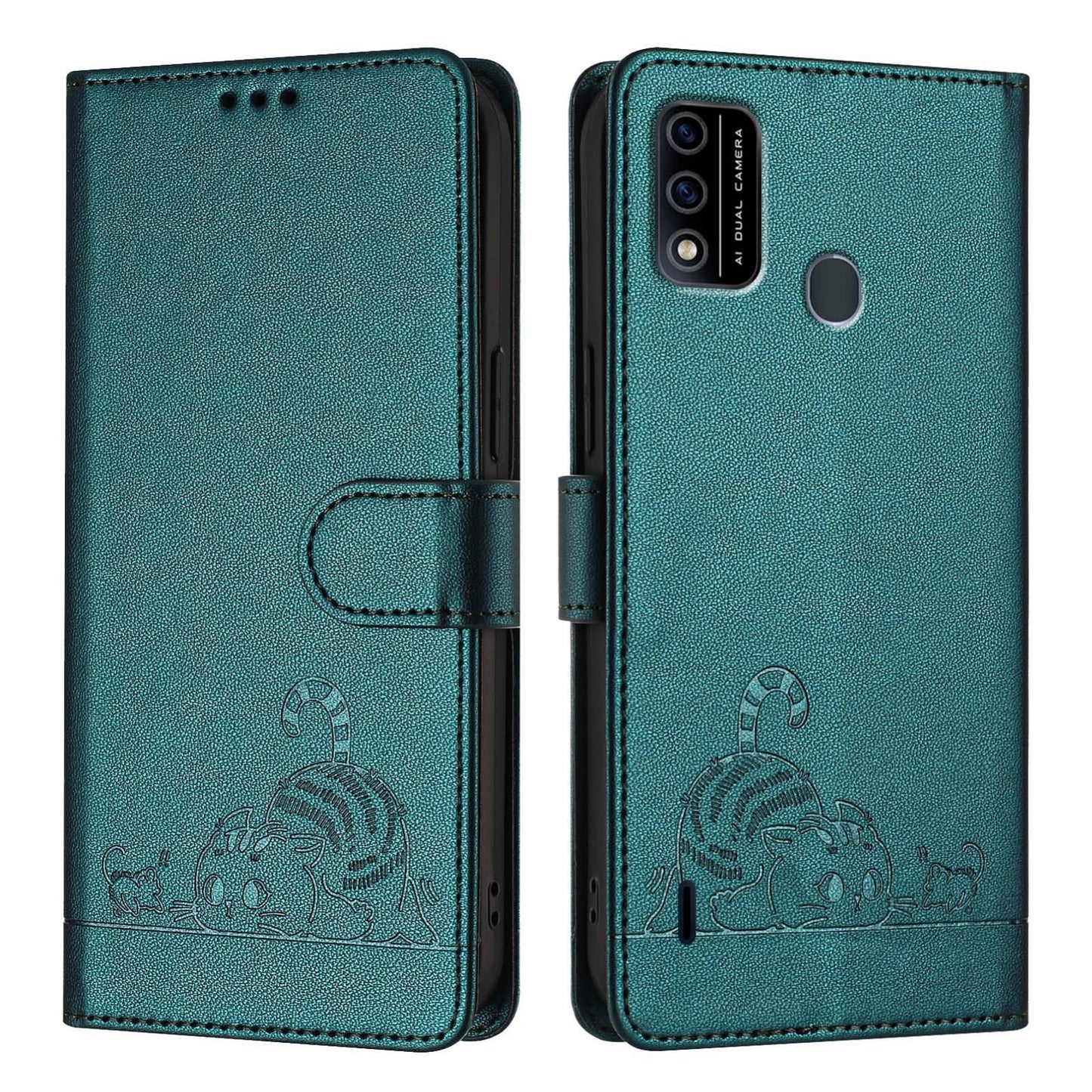 itel A48 Leather Phone Case with Cat and Rat Embossed Pattern, RFID Protection, Card Holder Slots, Anti-fall Feature & Lanyard