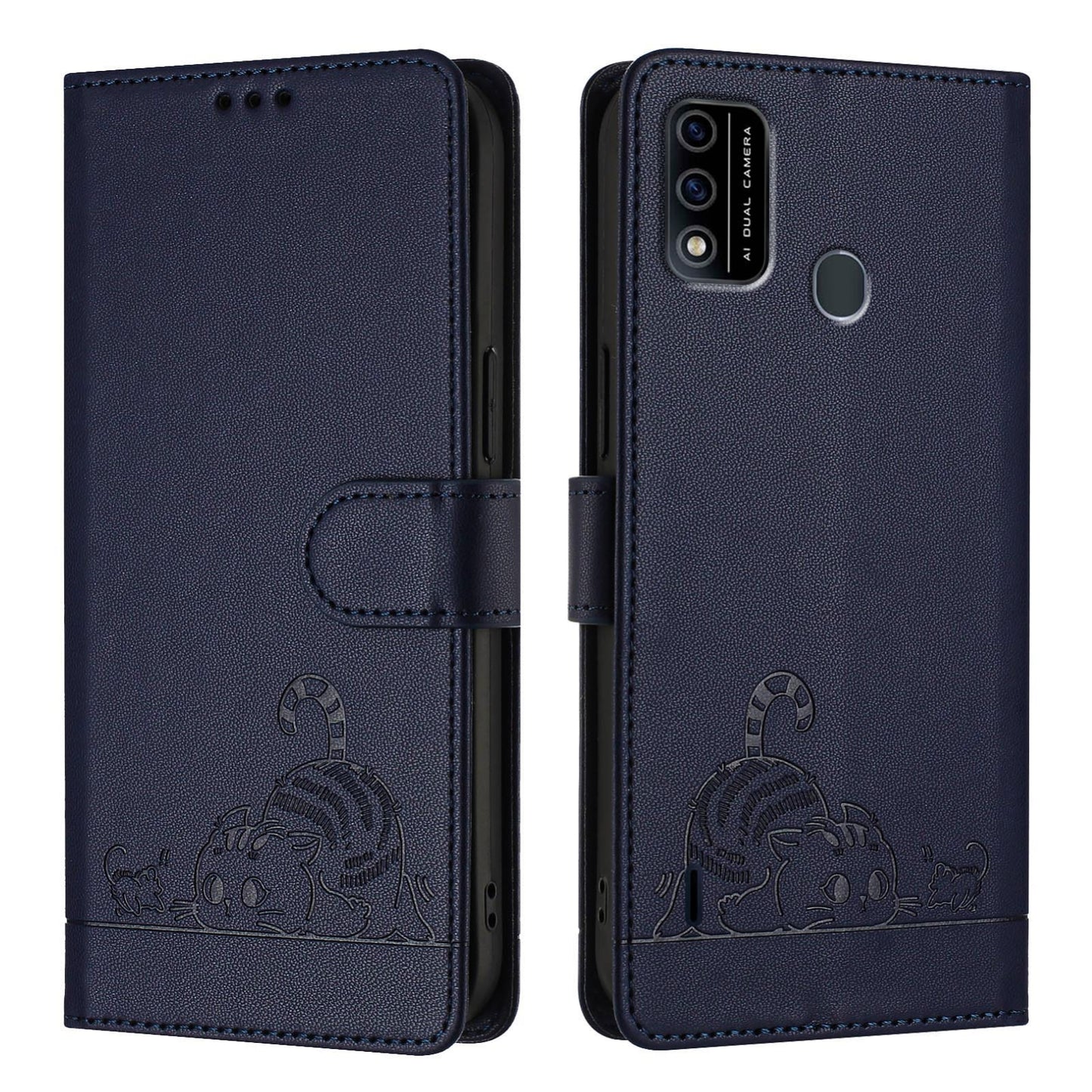 itel A48 Leather Phone Case with Cat and Rat Embossed Pattern, RFID Protection, Card Holder Slots, Anti-fall Feature & Lanyard