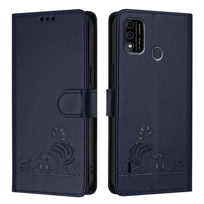 itel A48 Leather Phone Case with Cat and Rat Embossed Pattern, RFID Protection, Card Holder Slots, Anti-fall Feature & Lanyard
