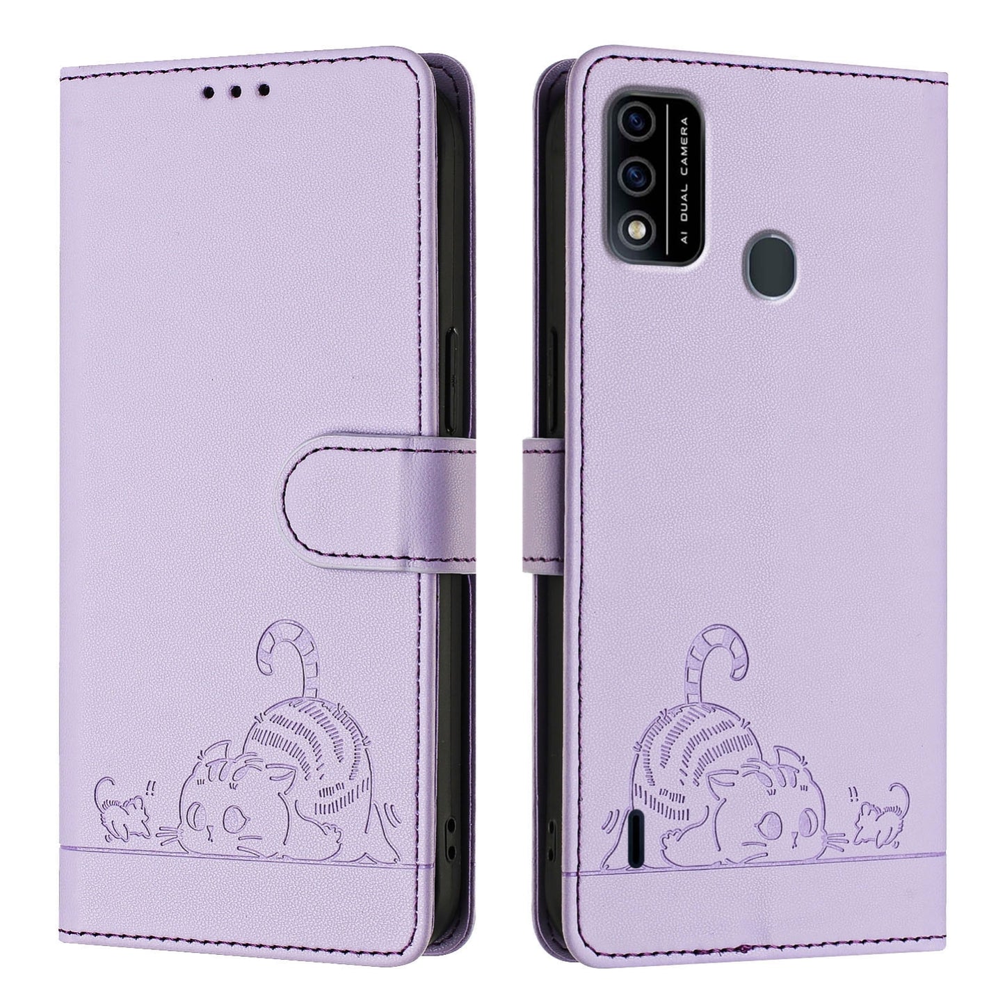 itel A48 Leather Phone Case with Cat and Rat Embossed Pattern, RFID Protection, Card Holder Slots, Anti-fall Feature & Lanyard