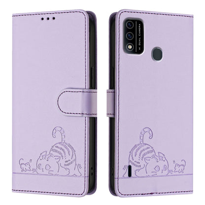 itel A48 Leather Phone Case with Cat and Rat Embossed Pattern, RFID Protection, Card Holder Slots, Anti-fall Feature & Lanyard