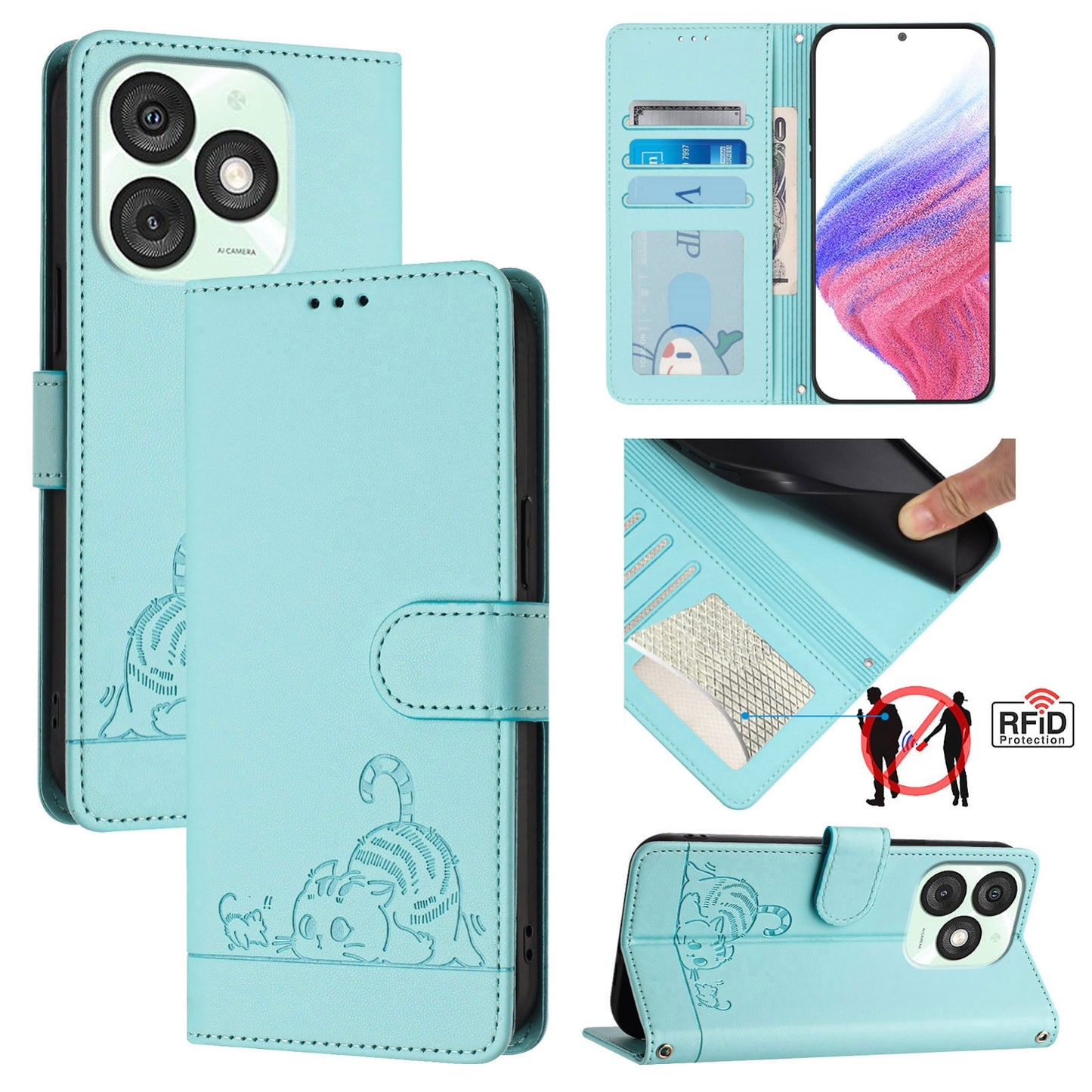 itel A50 Leather Phone Case with Cat and Rat Embossed Pattern, RFID Protection, Card Holder Slots, Anti-fall Feature & Lanyard