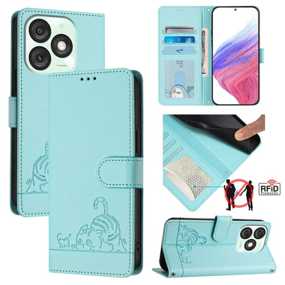 itel A50 Leather Phone Case with Cat and Rat Embossed Pattern, RFID Protection, Card Holder Slots, Anti-fall Feature & Lanyard