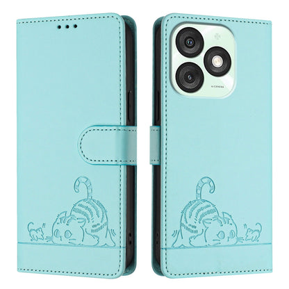 itel A50 Leather Phone Case with Cat and Rat Embossed Pattern, RFID Protection, Card Holder Slots, Anti-fall Feature & Lanyard