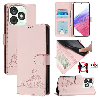 itel A50 Leather Phone Case with Cat and Rat Embossed Pattern, RFID Protection, Card Holder Slots, Anti-fall Feature & Lanyard
