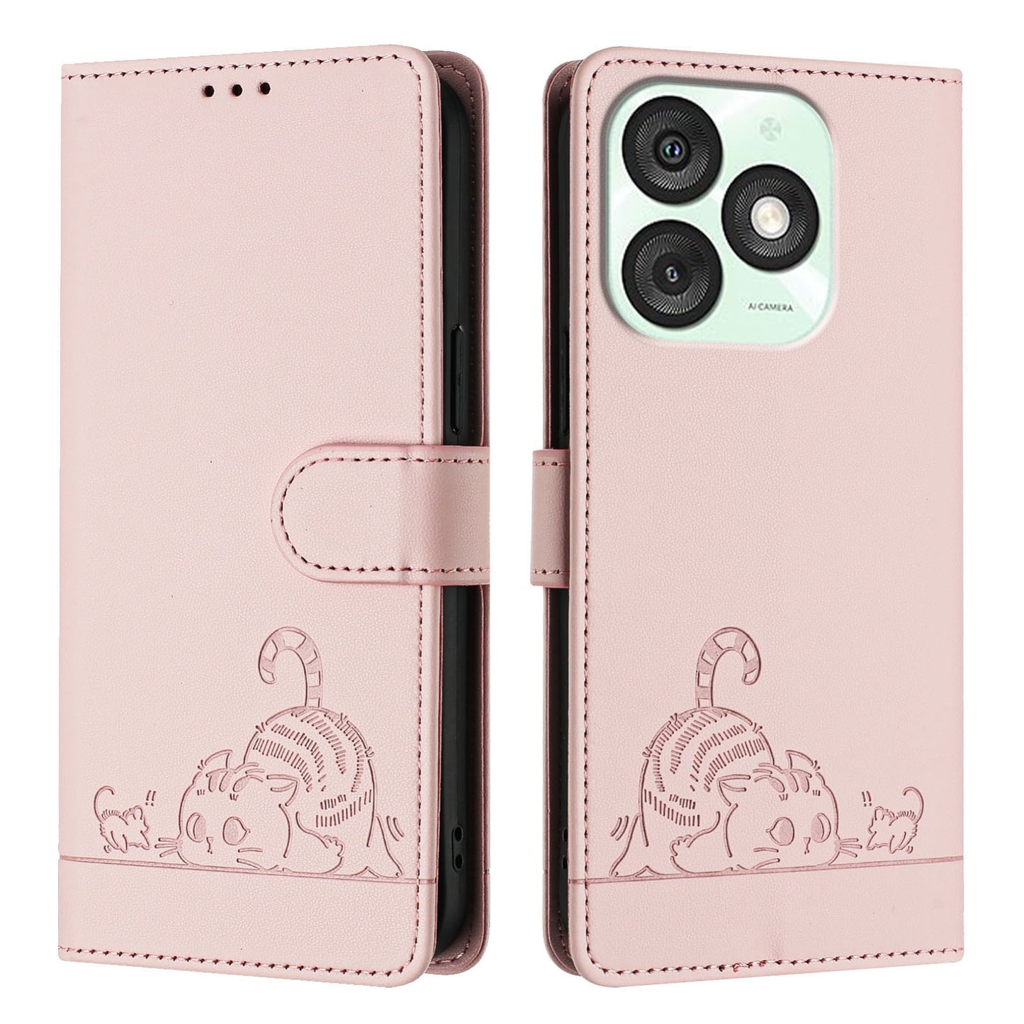 itel A50 Leather Phone Case with Cat and Rat Embossed Pattern, RFID Protection, Card Holder Slots, Anti-fall Feature & Lanyard