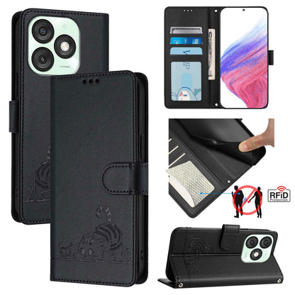 itel A50 Leather Phone Case with Cat and Rat Embossed Pattern, RFID Protection, Card Holder Slots, Anti-fall Feature & Lanyard