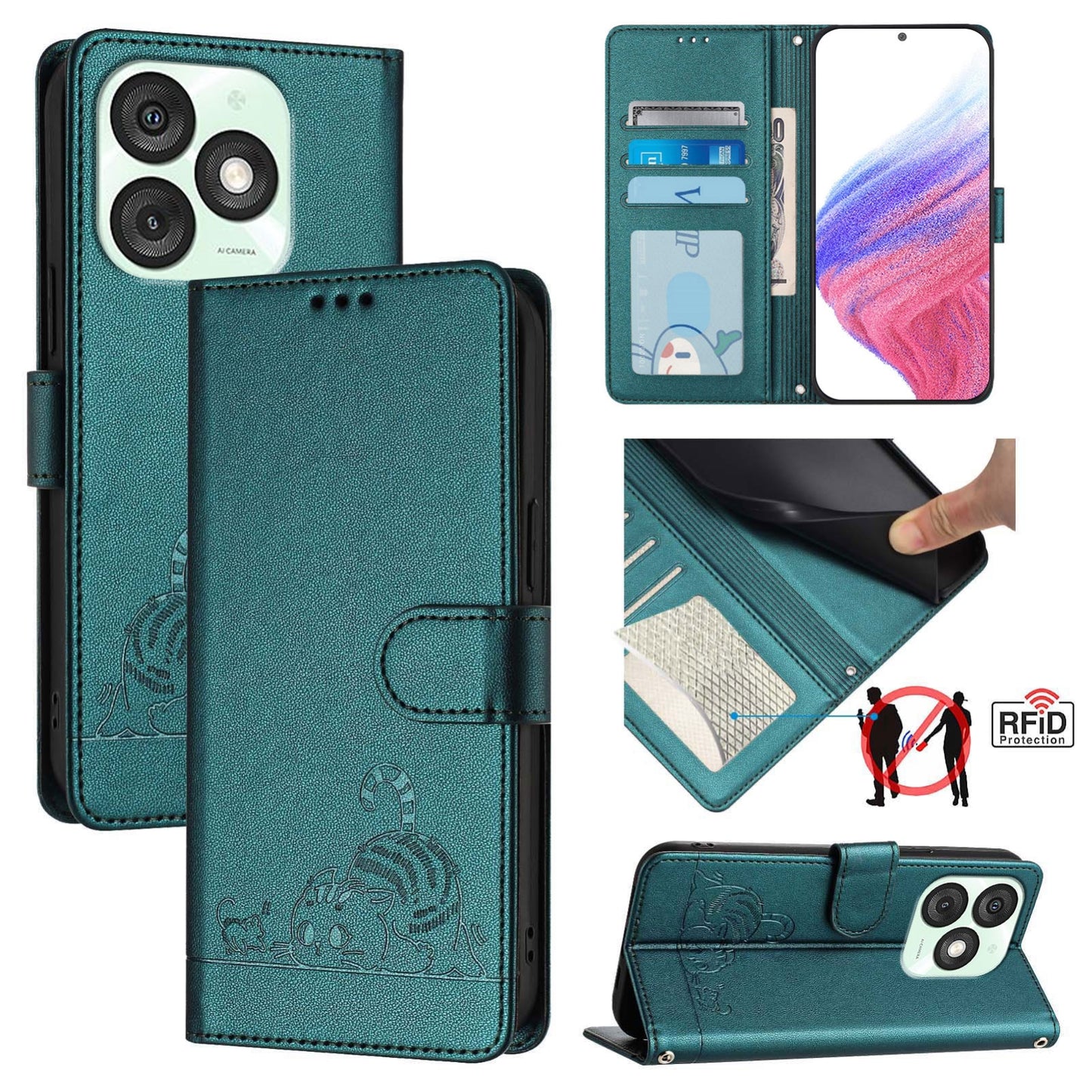 itel A50 Leather Phone Case with Cat and Rat Embossed Pattern, RFID Protection, Card Holder Slots, Anti-fall Feature & Lanyard