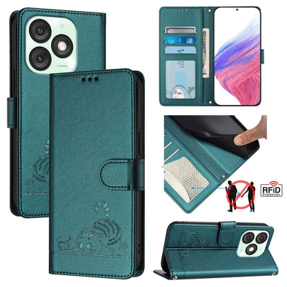itel A50 Leather Phone Case with Cat and Rat Embossed Pattern, RFID Protection, Card Holder Slots, Anti-fall Feature & Lanyard