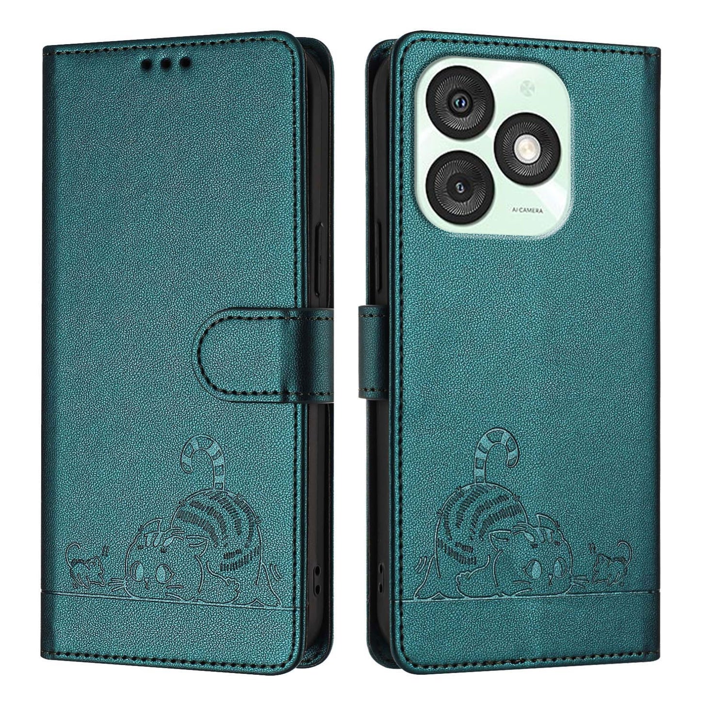 itel A50 Leather Phone Case with Cat and Rat Embossed Pattern, RFID Protection, Card Holder Slots, Anti-fall Feature & Lanyard