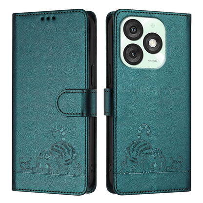 itel A50 Leather Phone Case with Cat and Rat Embossed Pattern, RFID Protection, Card Holder Slots, Anti-fall Feature & Lanyard