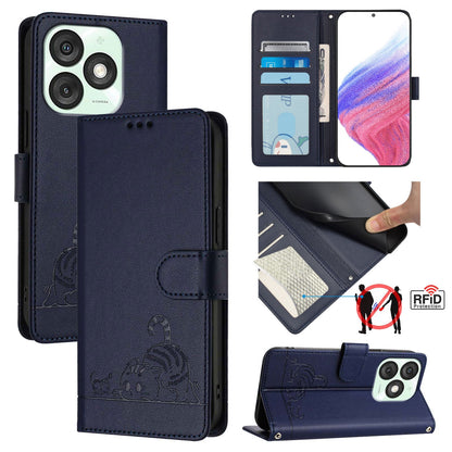 itel A50 Leather Phone Case with Cat and Rat Embossed Pattern, RFID Protection, Card Holder Slots, Anti-fall Feature & Lanyard