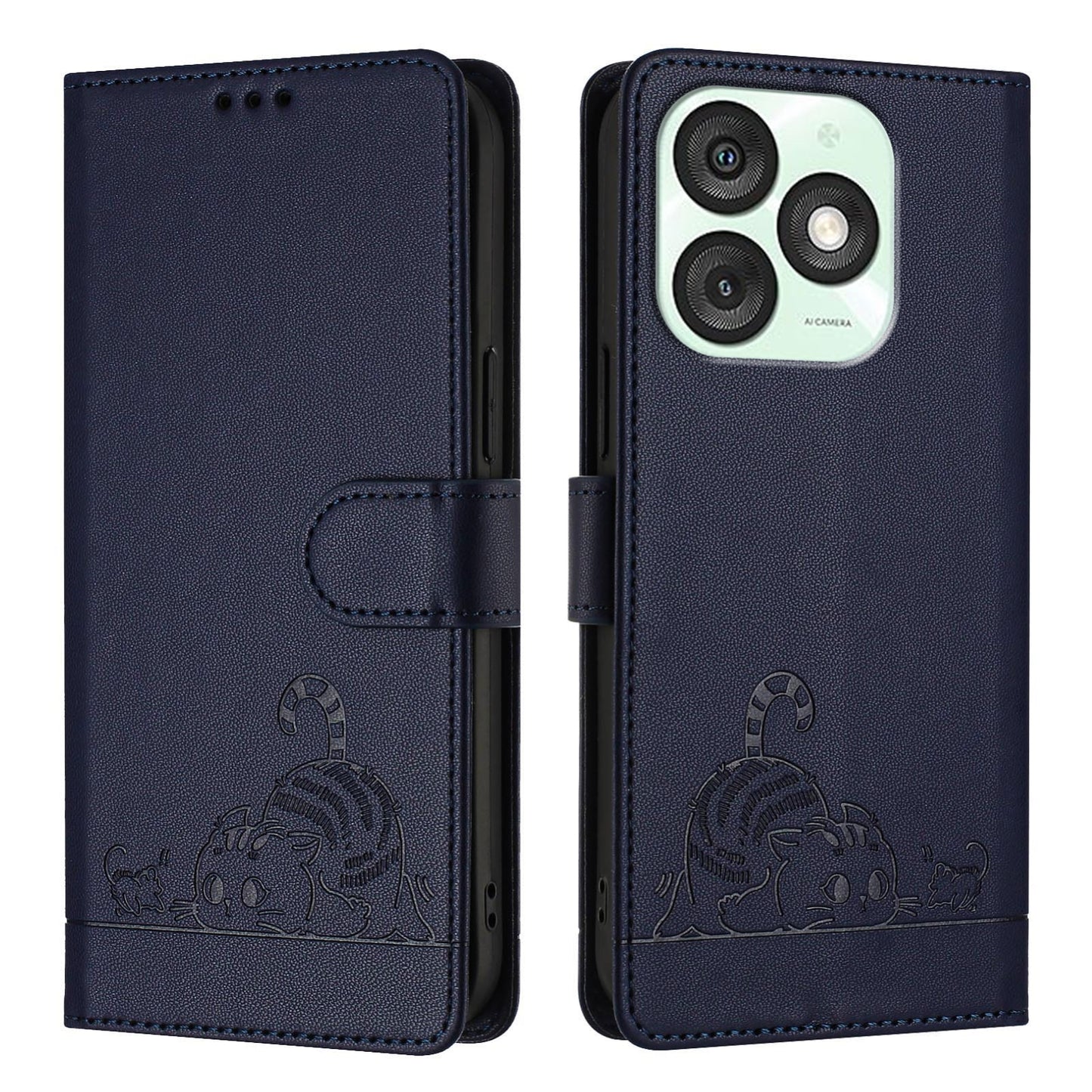 itel A50 Leather Phone Case with Cat and Rat Embossed Pattern, RFID Protection, Card Holder Slots, Anti-fall Feature & Lanyard